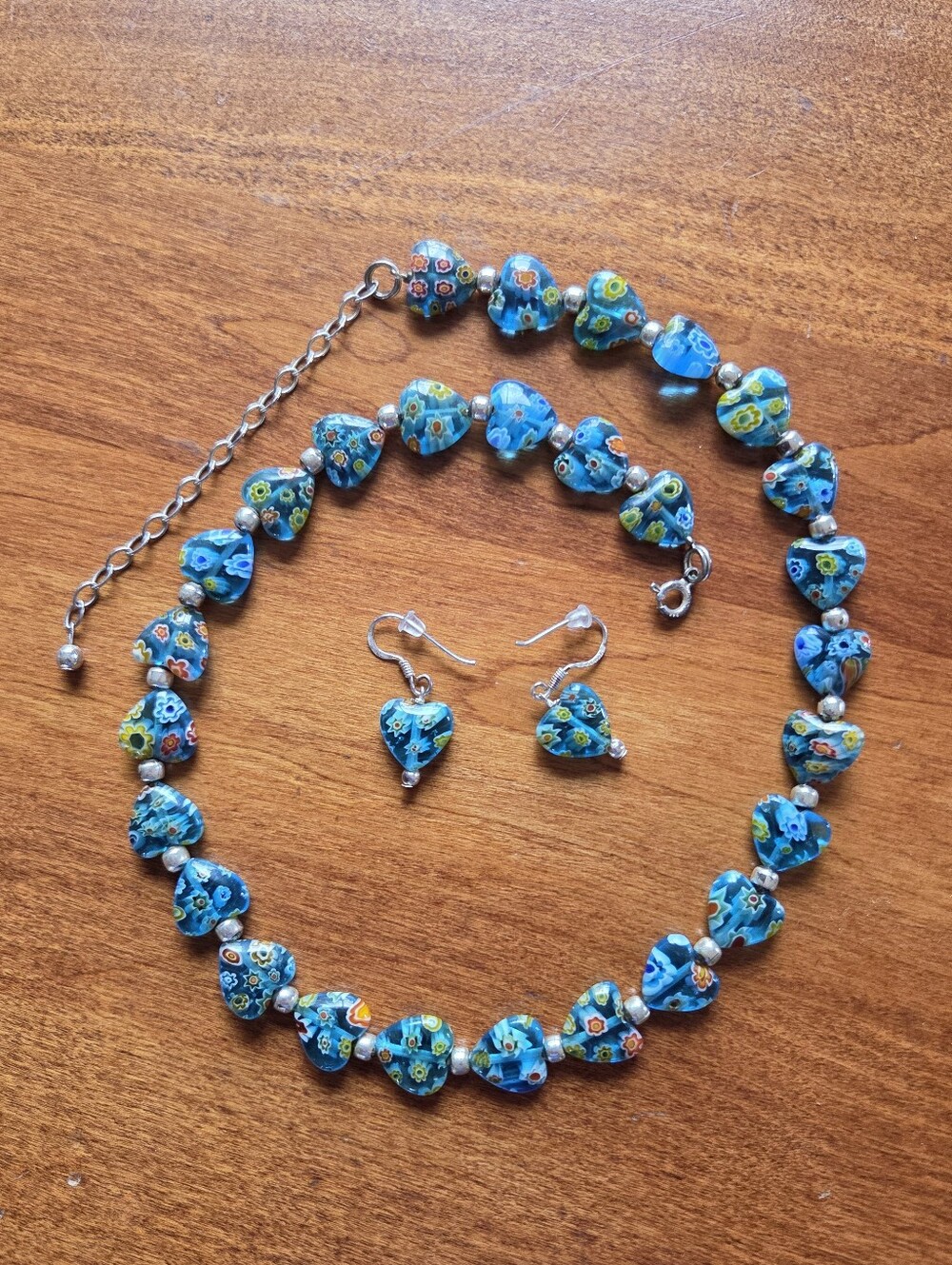 Blue Aqua Millefiori Heart Necklace and Earrings Set